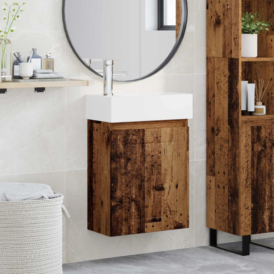 vidaXL Badkamermeubel met kraan Oud hout 45,5 x 25,5 x 84 cm afbeelding 1