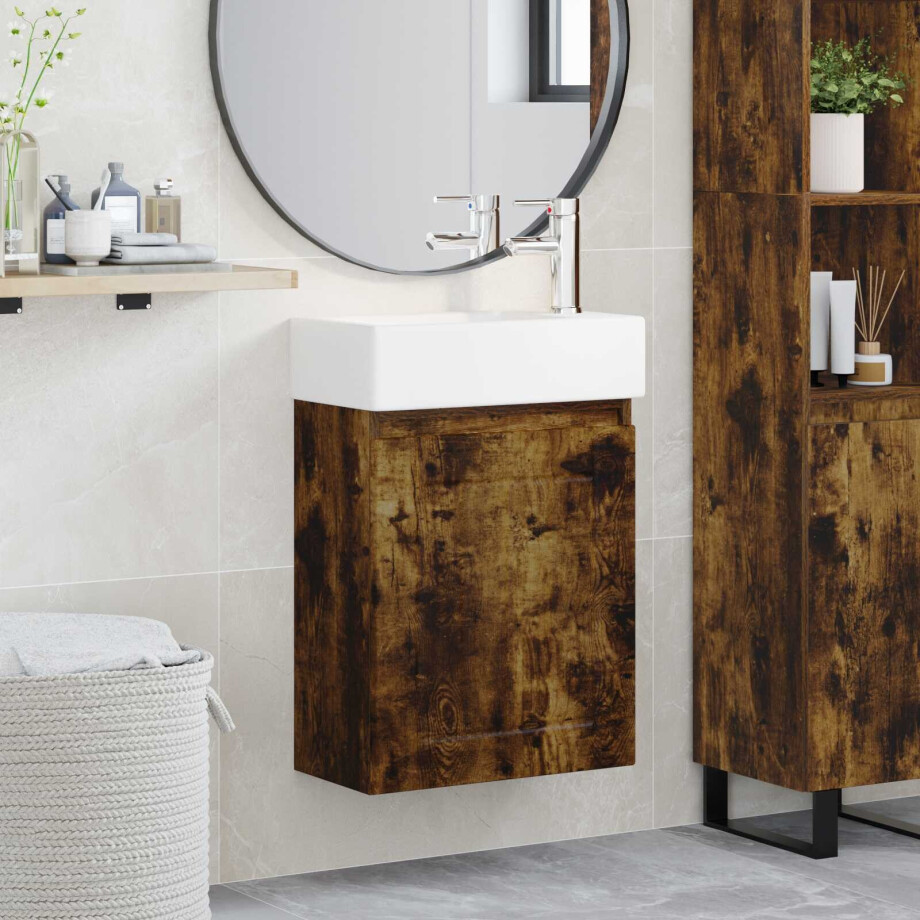 vidaXL Badkamermeubel met kraan Gerookt eiken 45,5 x 25,5 x 84 cm afbeelding 1