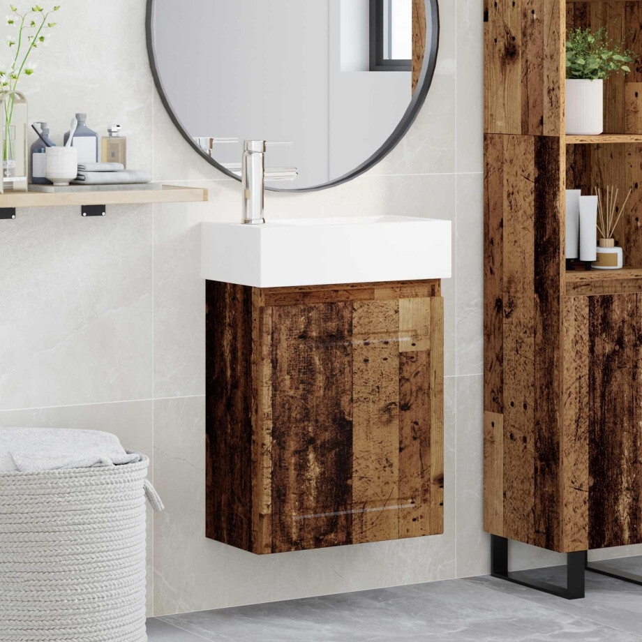 vidaXL Badkamermeubel met kraan Oud hout 45,5 x 22,5 x 84 cm afbeelding 1