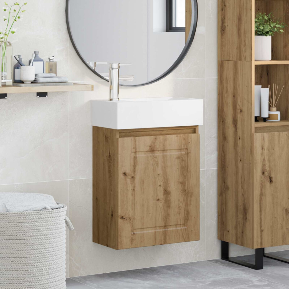 vidaXL Badkamermeubel met kraan Artisanaal eiken 45,5 x 22,5 x 84 cm vidaXL Badkamermeubel met kraan Artisanaal eiken 45,5 x 22,5 x 84 cm afbeelding 1