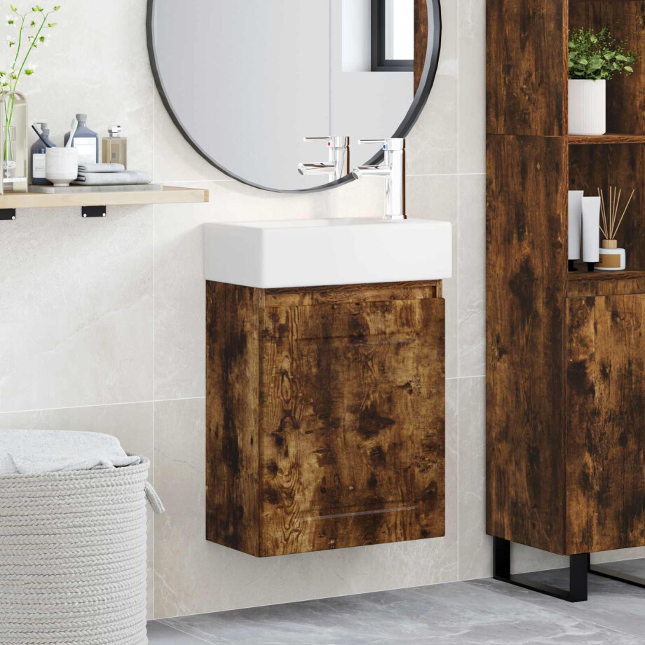 vidaXL Badkamermeubel met kraan Gerookt eiken 45,5 x 22,5 x 84 cm afbeelding 1