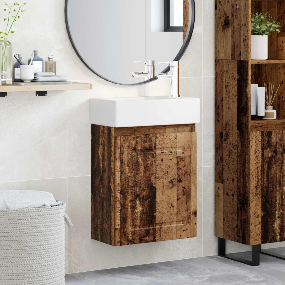 vidaXL Badkamermeubel met kraan Oud hout 45,5 x 22,5 x 84 cm afbeelding 1