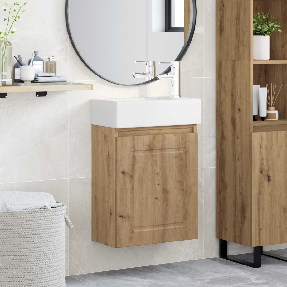 vidaXL Badkamermeubel met kraan Artisanaal eiken 45,5 x 22,5 x 84 cm vidaXL Badkamermeubel met kraan Artisanaal eiken 45,5 x 22,5 x 84 cm afbeelding 1