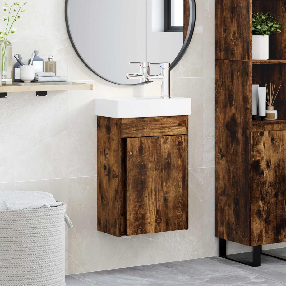 vidaXL Badkamermeubel met kraan Gerookt eiken 40,5 x 22,5 x 62 cm vidaXL Badkamermeubel met kraan Gerookt eiken 40,5 x 22,5 x 62 cm afbeelding 1