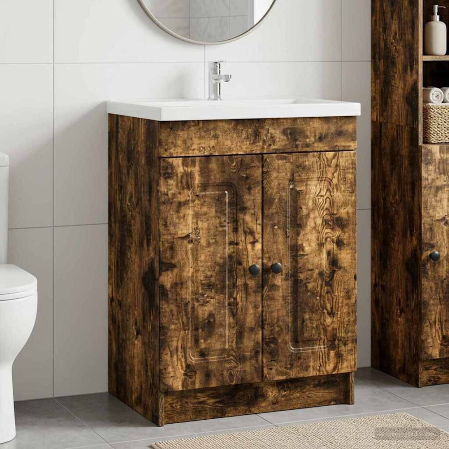 vidaXL Badkamer onder wastafel kast Gerookt eiken 56 x 37,5 x 81 cm afbeelding 1