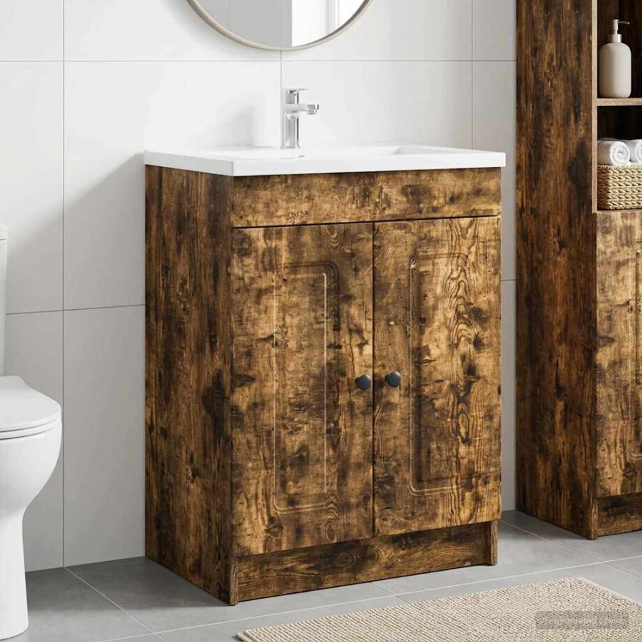 vidaXL Badkamer onder wastafel kast Gerookt eiken 78,5 x 37,5 x 81 cm afbeelding 1