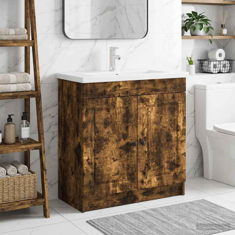 vidaXL Badkamer onder wastafel kast Gerookt eiken 56 x 37,5 x 81 cm afbeelding 1