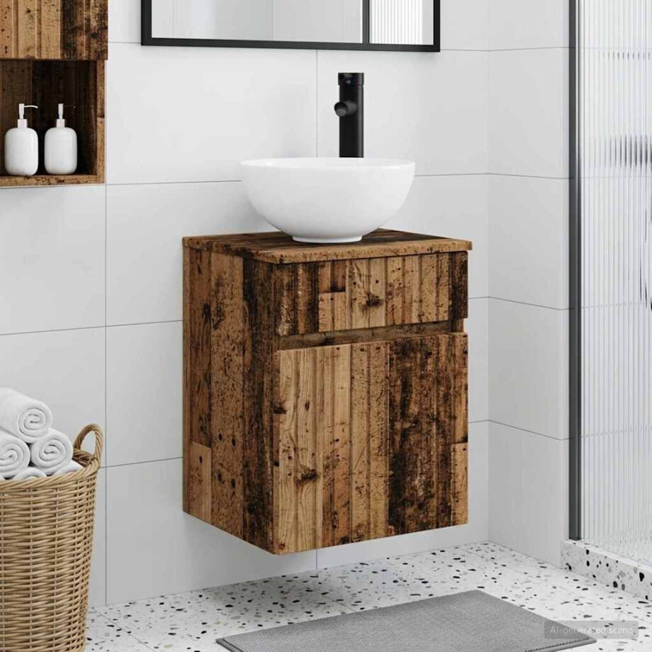 vidaXL Wandgemonteerde wastafelmeubel Oud hout 39 x 35 x 63 cm afbeelding 1