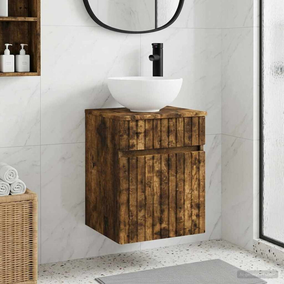vidaXL Wandgemonteerde wastafelmeubel Gerookt eiken 39 x 41 x 64,5 cm afbeelding 1