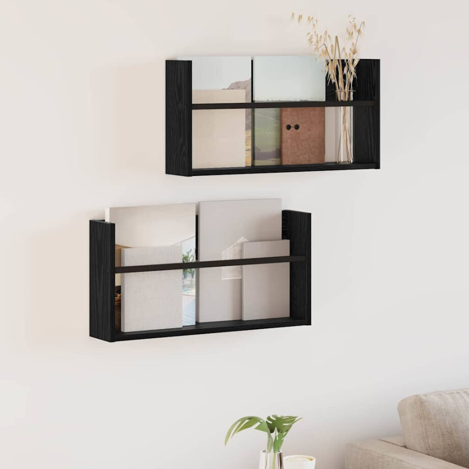 vidaXL Tijdschrift Rek 2 pcs Zwart Eiken 60 x 12 x 30 cm Bewerkt hout afbeelding 1