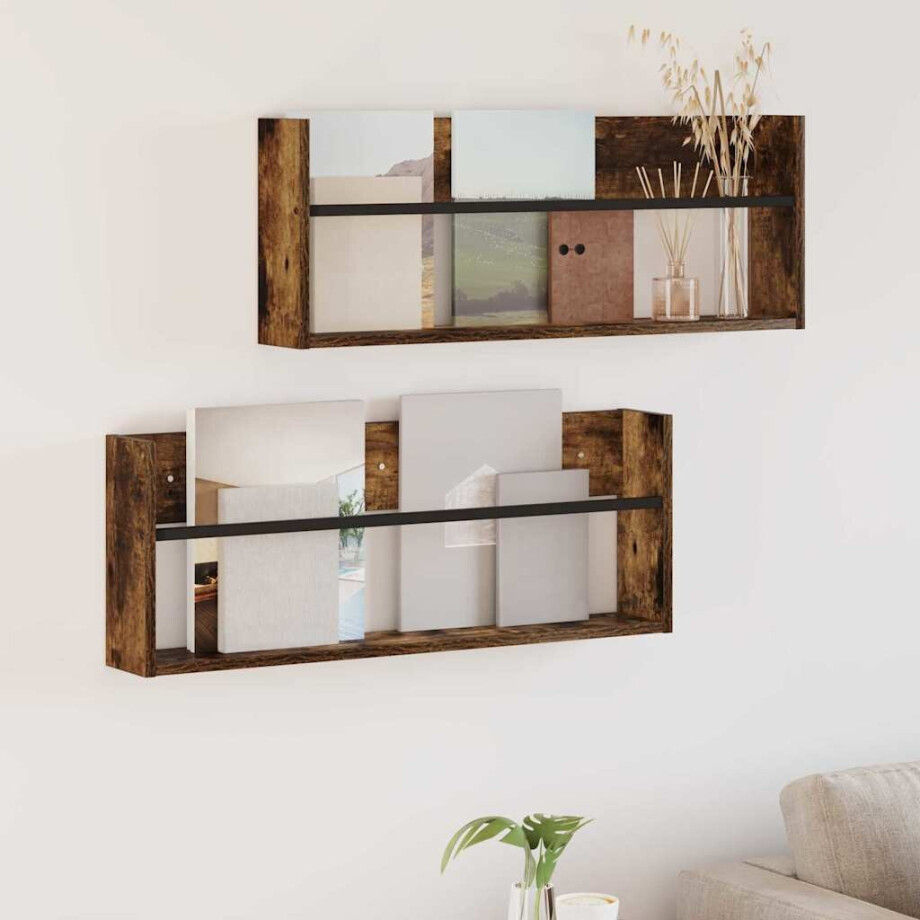 vidaXL Tijdschrift Rek met plank 2 pcs Gerookt eiken 80 x 12 x 30 cm afbeelding 1