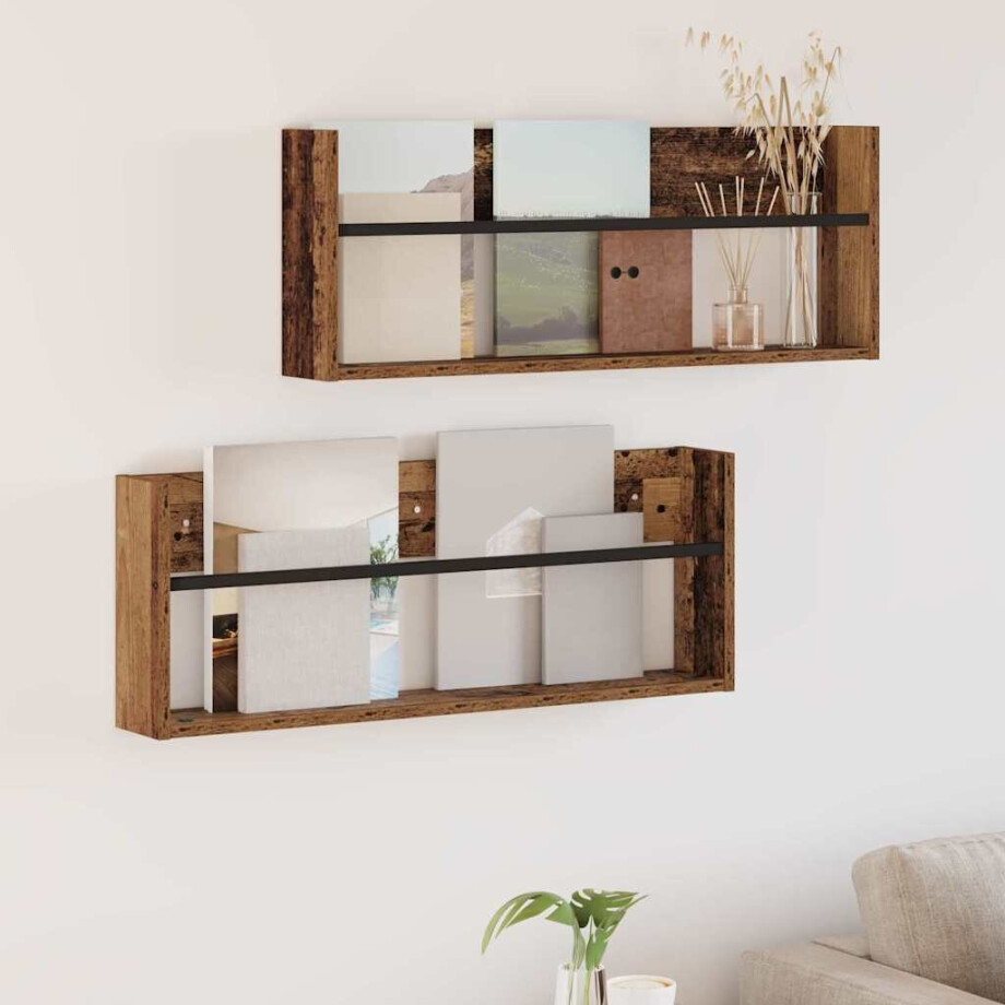 vidaXL Tijdschrift Rek 2 pcs Oudhout 80 x 12 x 30 cm Bewerkt hout afbeelding 1