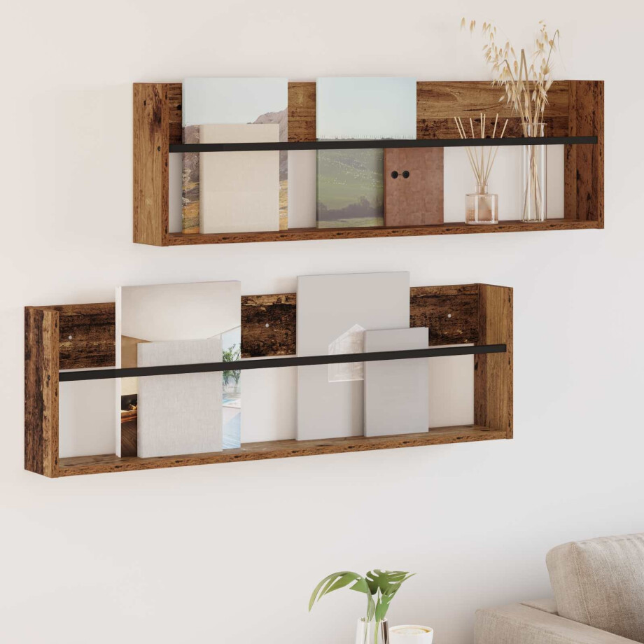 vidaXL Tijdschrift Rek 2 pcs Oudhout 100 x 12 x 30 cm Bewerkt hout afbeelding 1