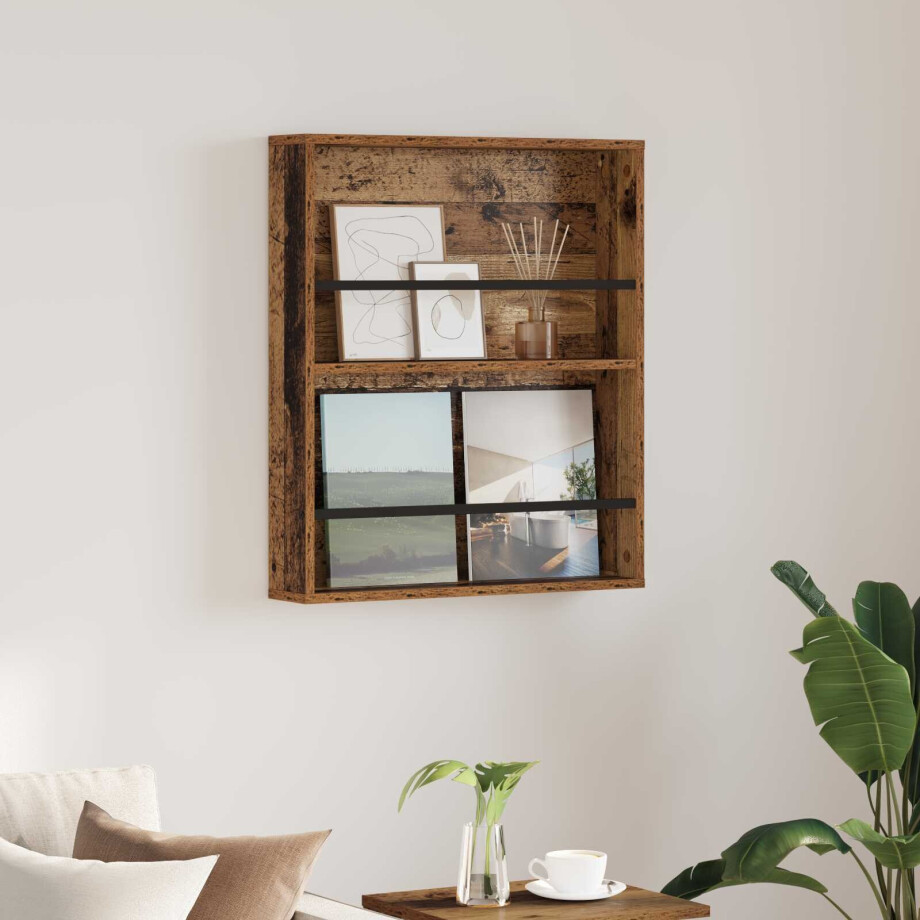 vidaXL Tijdschrift Rek met plank Oudhout 60 x 12 x 70 cm Bewerkt hout afbeelding 1