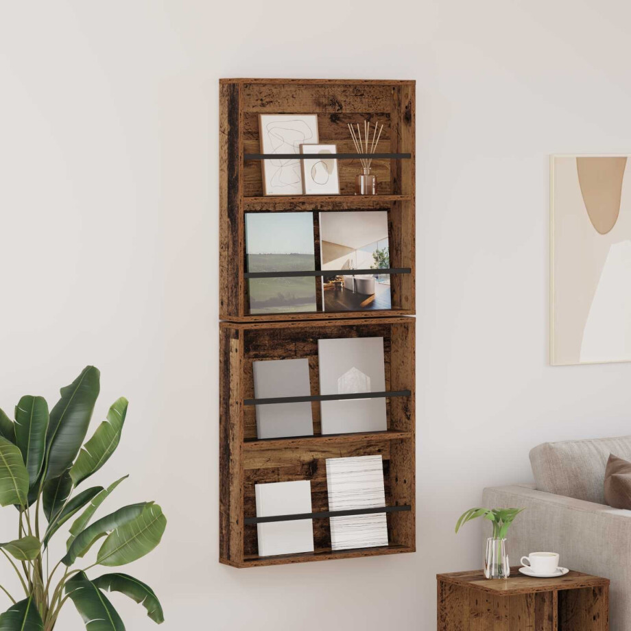 vidaXL Tijdschrift Rek 2 pcs Oudhout 60 x 12 x 70 cm Bewerkt hout afbeelding 1