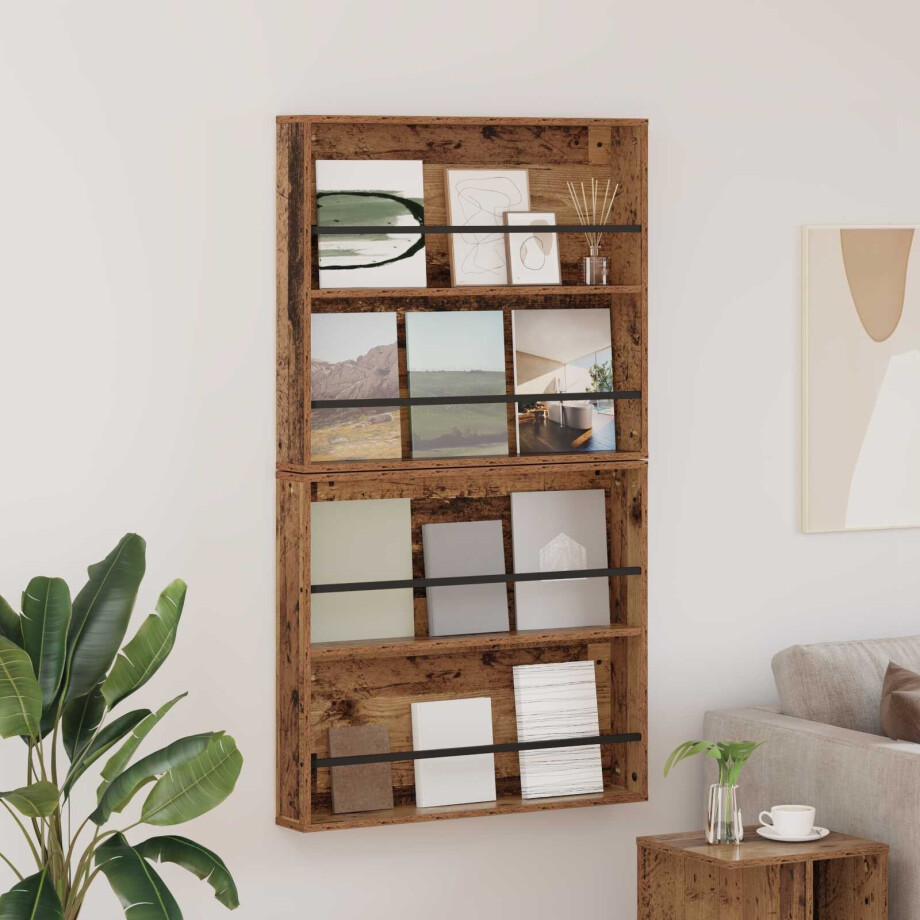 vidaXL Tijdschrift Rek 2 pcs Oudhout 80 x 12 x 70 cm Bewerkt hout afbeelding 1
