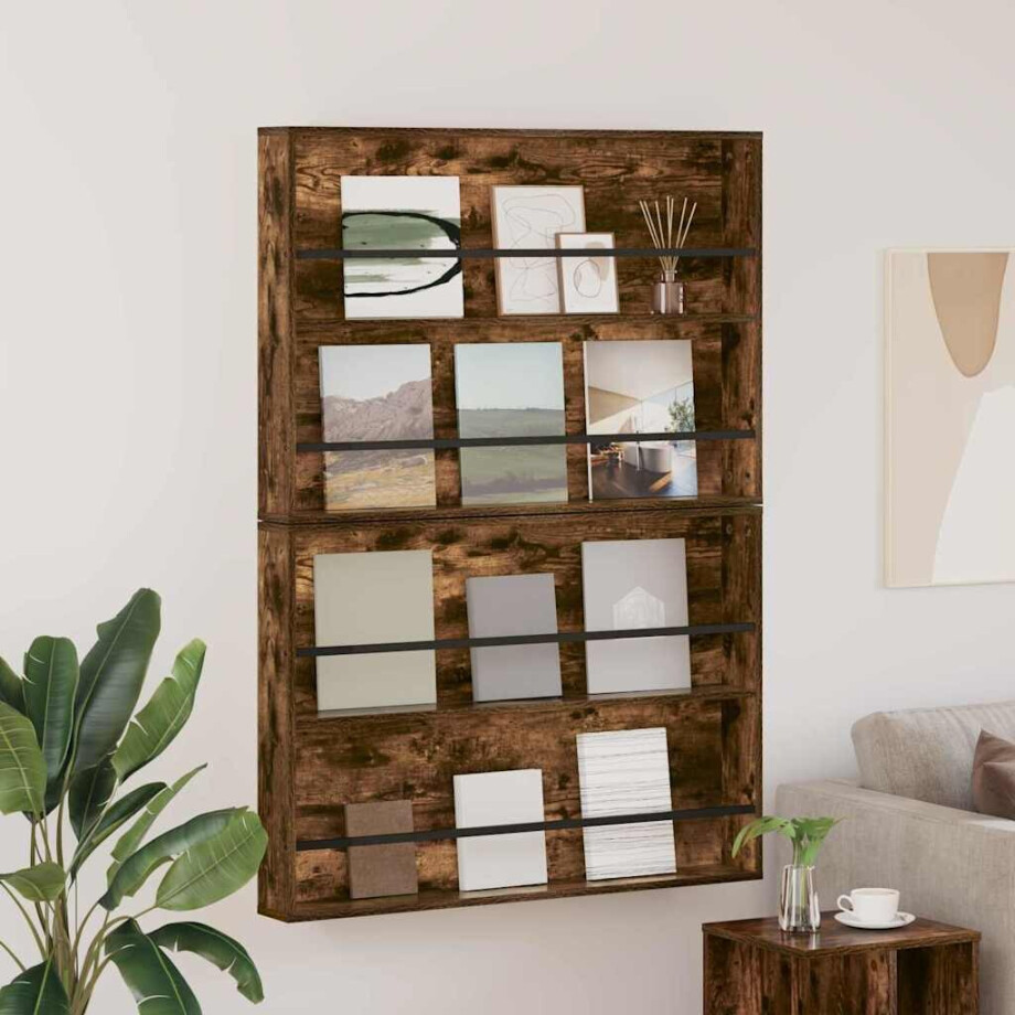vidaXL Tijdschrift Rek met plank 2 pcs Gerookt eiken 100 x 12 x 70 cm afbeelding 1