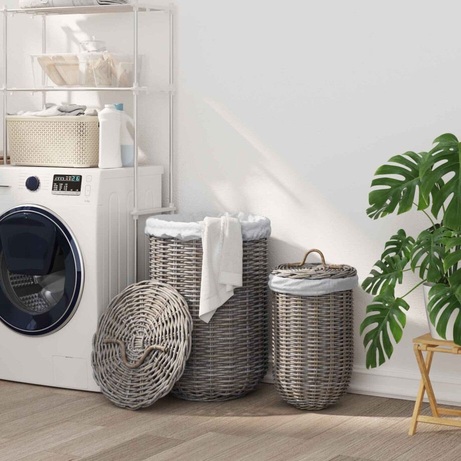 vidaXL Wasmand met deksel 2 pcs Kubu grijs Kubu Rattan vidaXL Wasmand met deksel 2 pcs Kubu grijs Kubu Rattan afbeelding 1