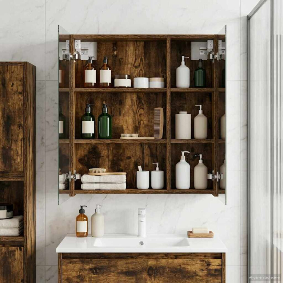 vidaXL Badkamer spiegelkast met plank Gerookt eiken 60 x 14,5 x 70 cm afbeelding 1