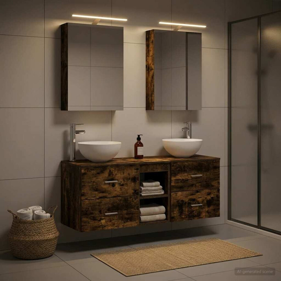 vidaXL Badkamermeubelset 5 st Gerookt eiken Bewerkt hout en glas afbeelding 1