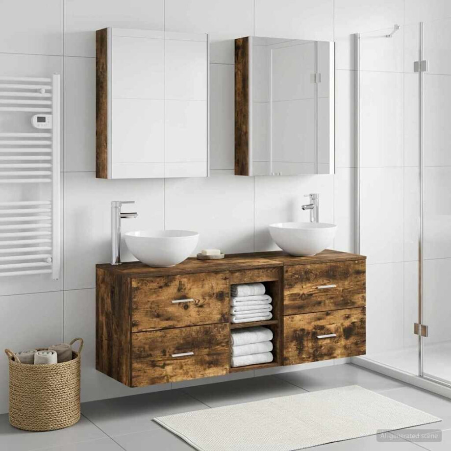vidaXL Badkamermeubelset 5 st Gerookt eiken Bewerkt hout en glas afbeelding 1