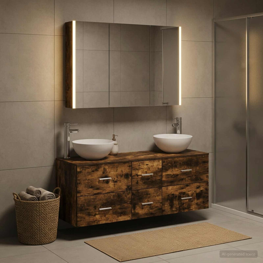 vidaXL Badkamermeubelset 4 st Gerookt eiken Bewerkt hout en glas vidaXL Badkamermeubelset 4 st Gerookt eiken Bewerkt hout en glas afbeelding 1