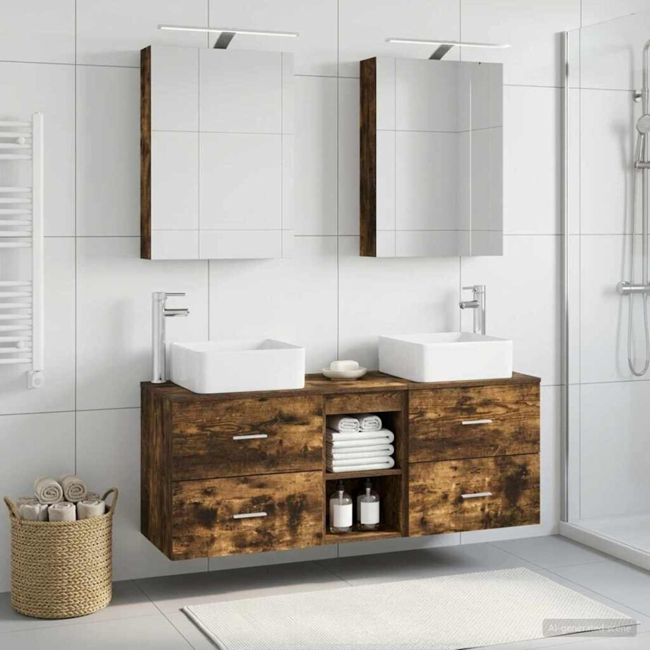 vidaXL Badkamermeubelset 5 st Gerookt eiken Bewerkt hout en glas afbeelding 1