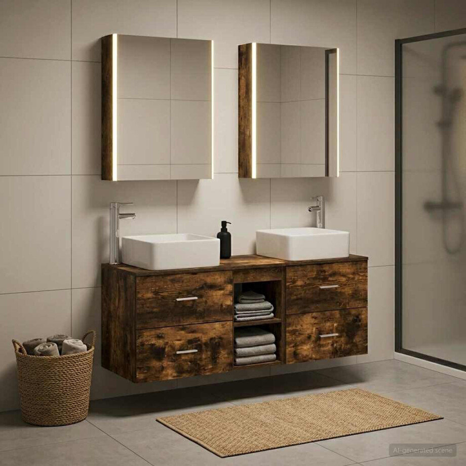 vidaXL Badkamermeubelset 5 st Gerookt eiken Bewerkt hout en glas afbeelding 1