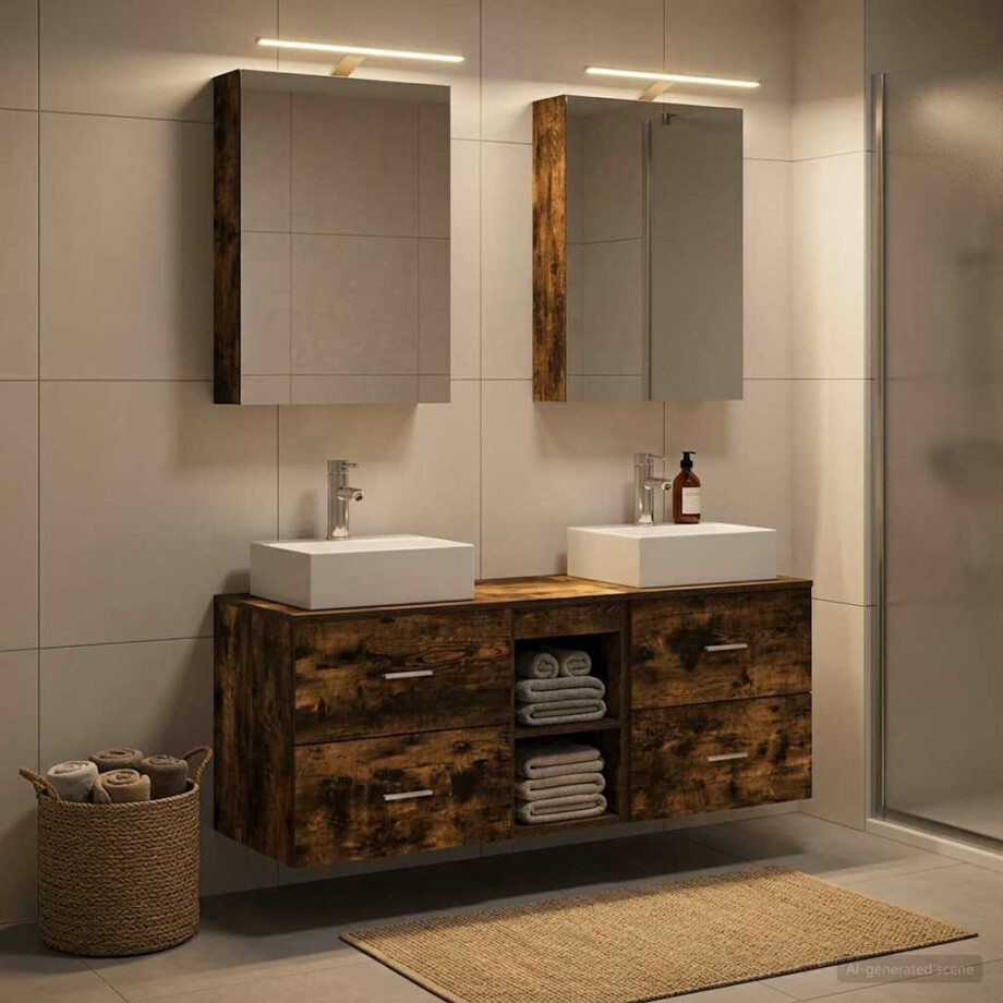 vidaXL Badkamermeubelset 5 st Gerookt eiken Bewerkt hout en glas afbeelding 1