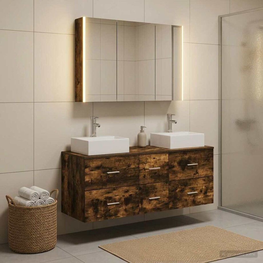 vidaXL Badkamermeubelset 4 st Gerookt eiken Bewerkt hout en glas afbeelding 1