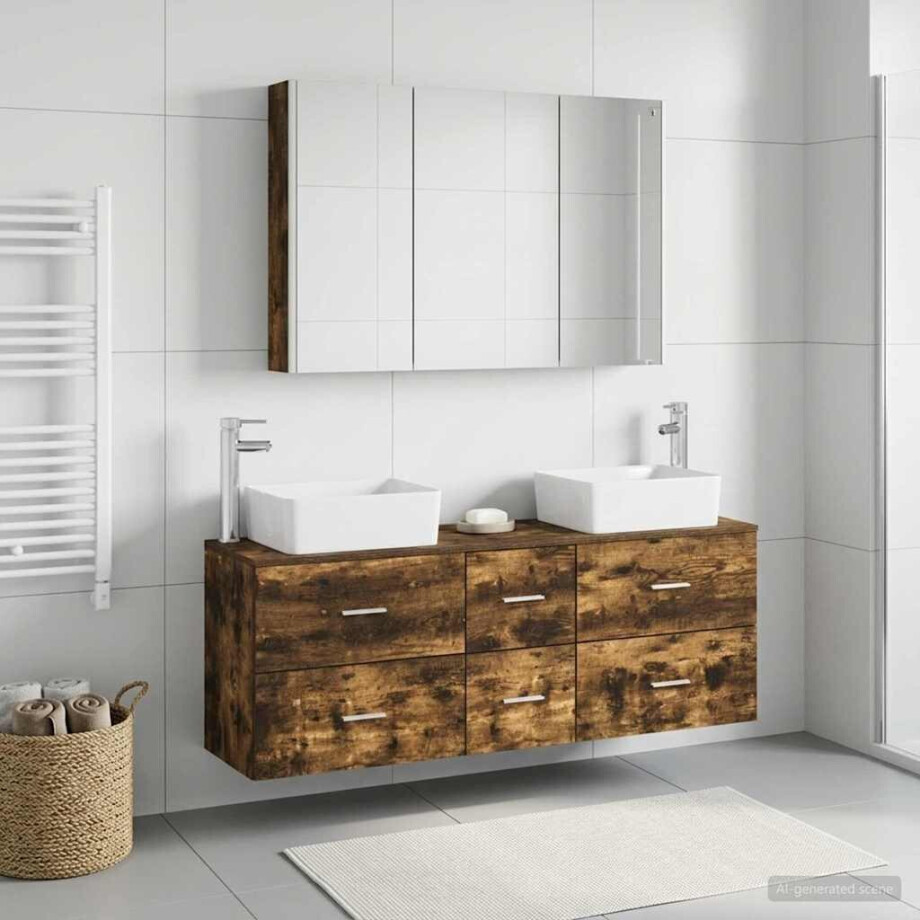 vidaXL Badkamermeubelset 4 st Gerookt eiken Bewerkt hout en glas afbeelding 1