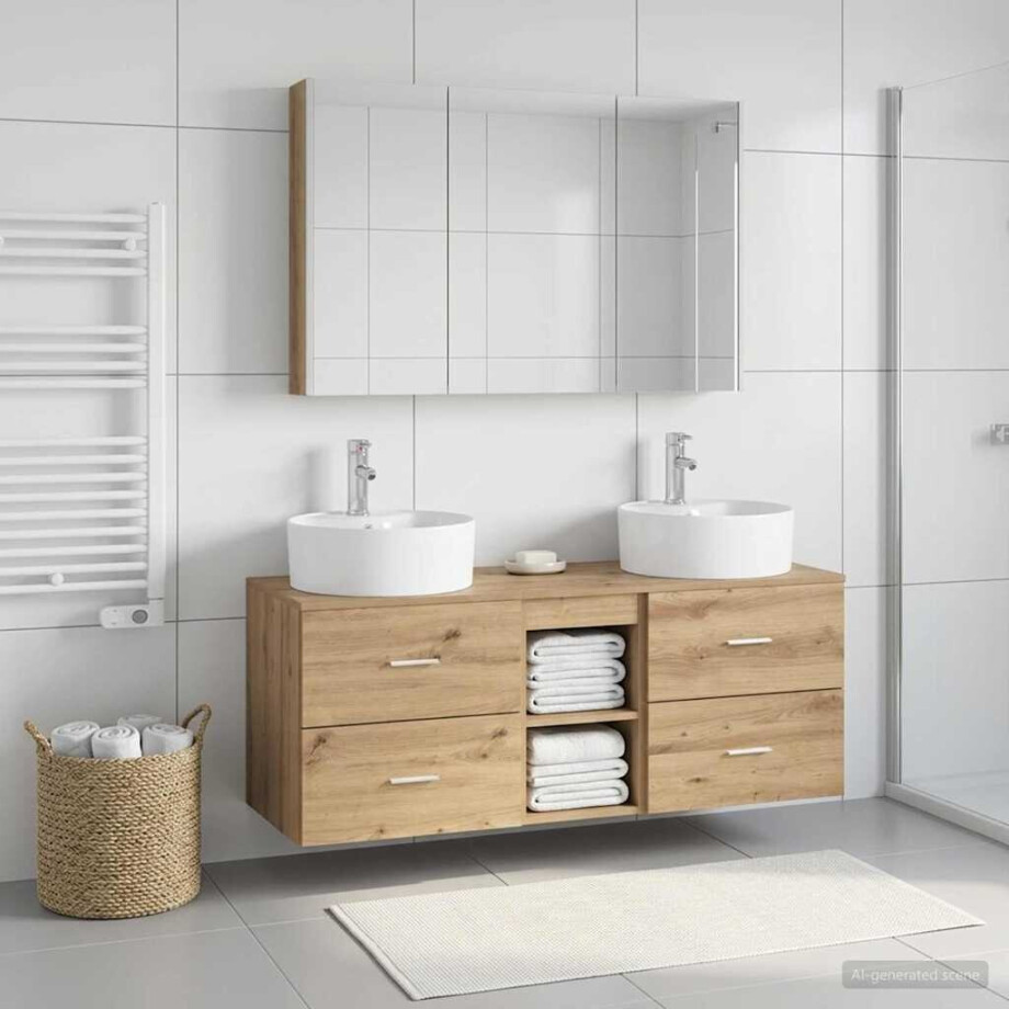 vidaXL Badkamermeubelset 4 st Artisanaal eiken Bewerkt hout en glas afbeelding 1