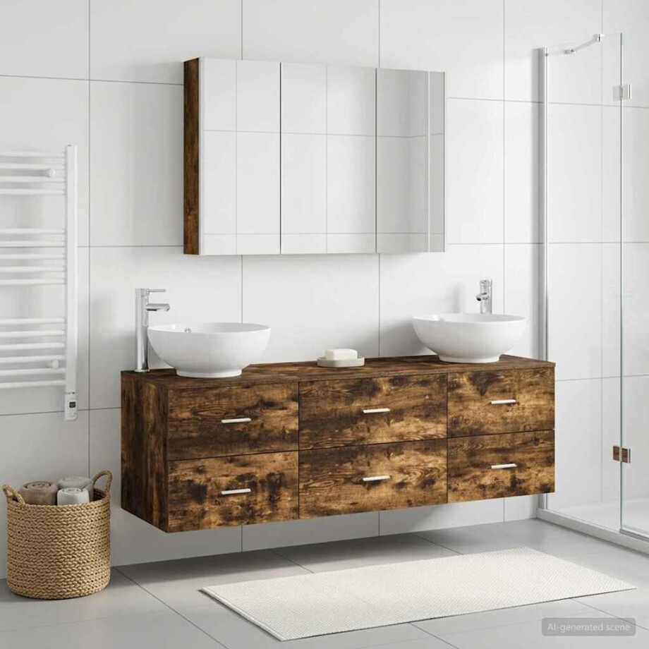 vidaXL Badkamermeubelset 4 st Gerookt eiken Bewerkt hout en glas afbeelding 1