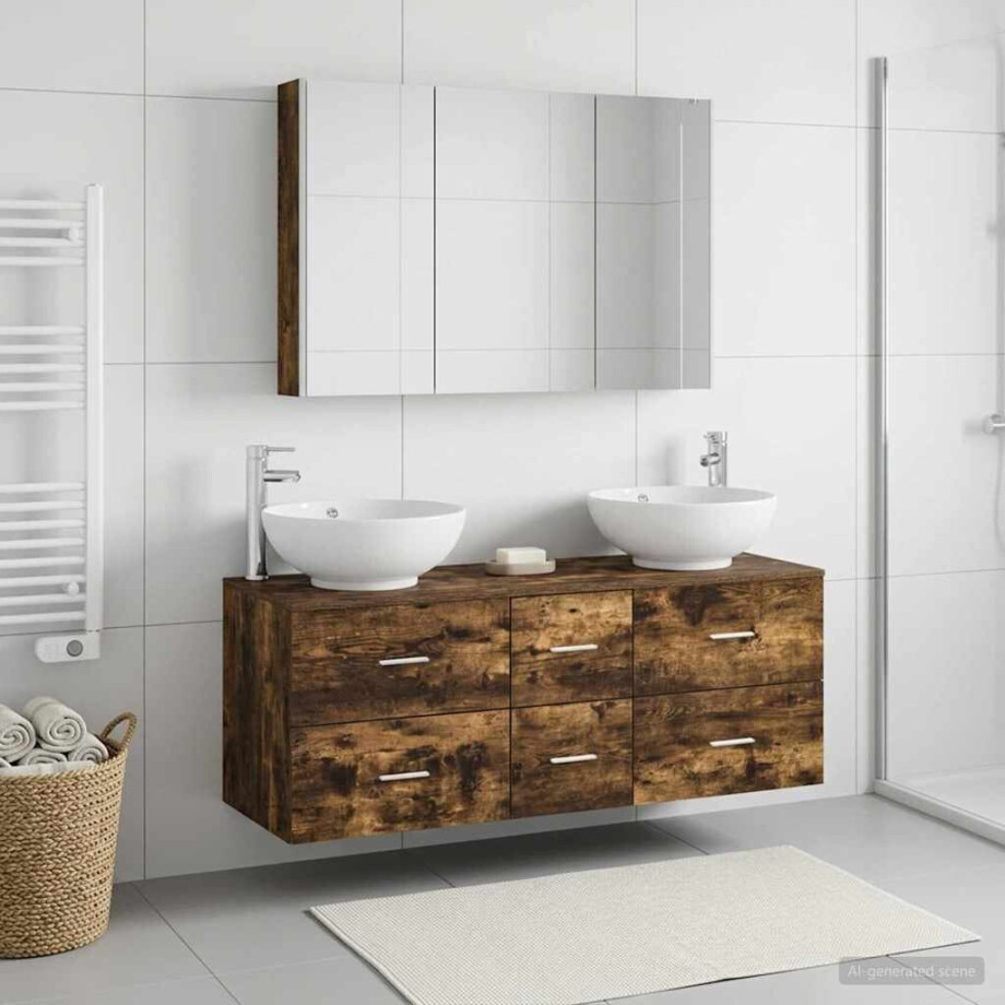 vidaXL Badkamermeubelset 4 st Gerookt eiken Bewerkt hout en glas afbeelding 1