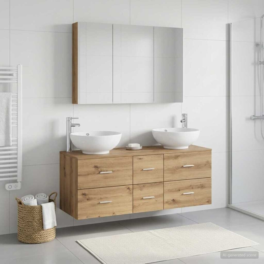vidaXL Badkamermeubelset 4 st Artisanaal eiken Bewerkt hout en glas afbeelding 1