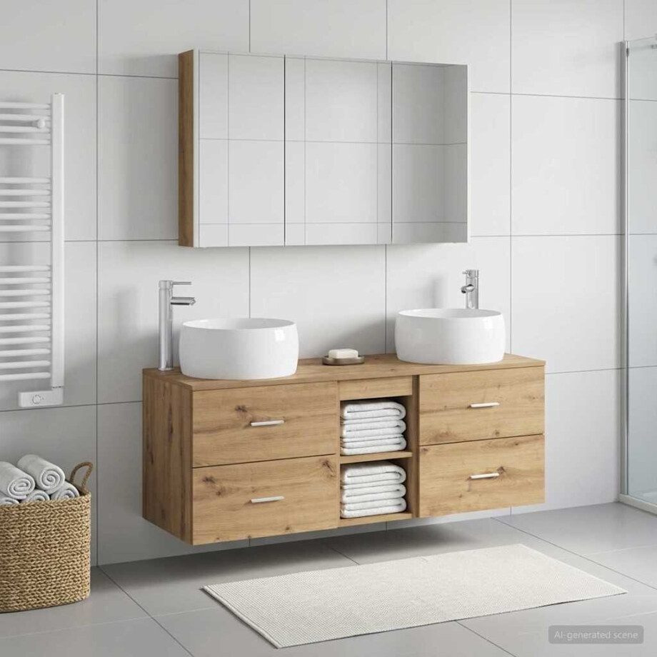 vidaXL Badkamermeubelset 4 st Artisanaal eiken Bewerkt hout en glas afbeelding 1