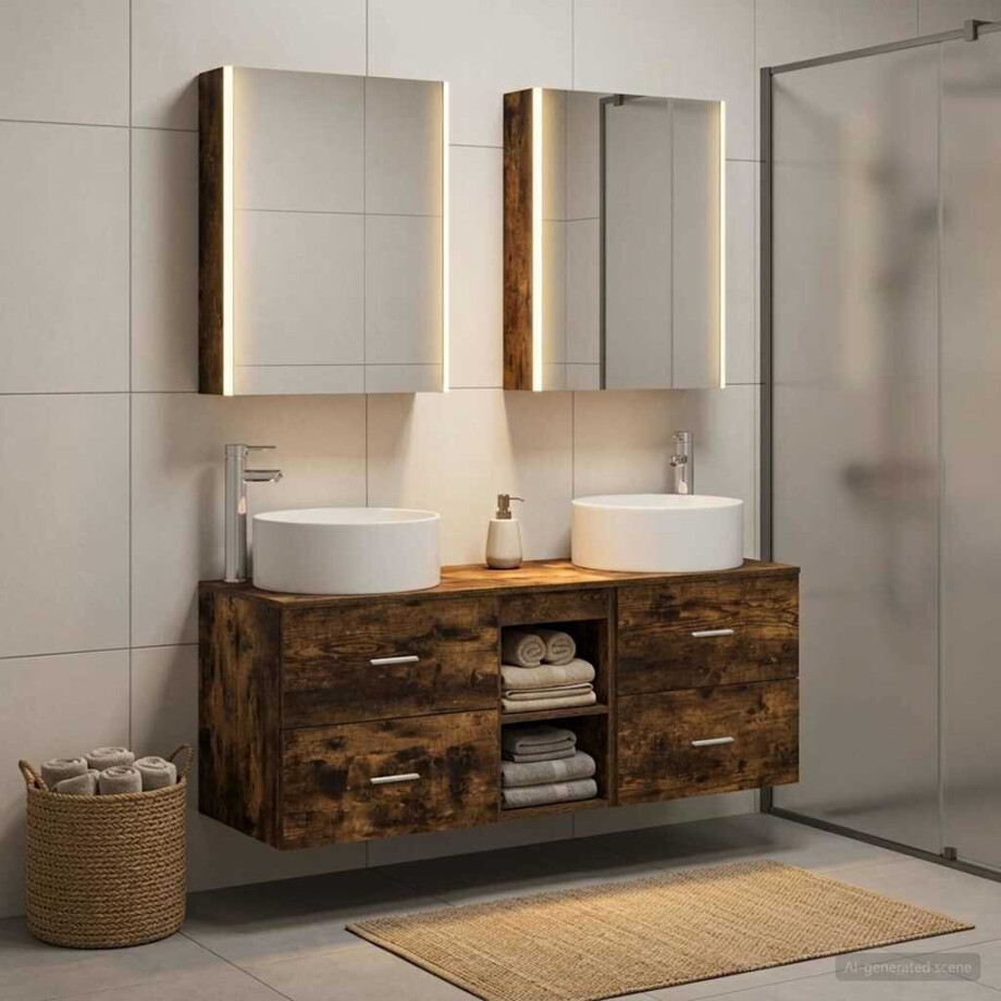 vidaXL Badkamermeubelset 5 st Gerookt eiken Bewerkt hout en glas vidaXL Badkamermeubelset 5 st Gerookt eiken Bewerkt hout en glas afbeelding 1