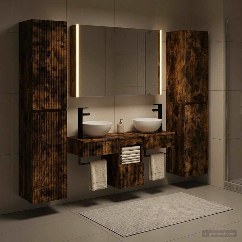 vidaXL Badkamermeubelset 6 st Gerookt eiken Bewerkt hout en glas vidaXL Badkamermeubelset 6 st Gerookt eiken Bewerkt hout en glas afbeelding 1