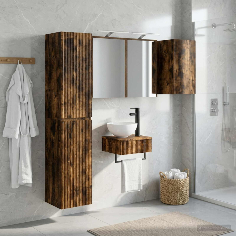 vidaXL Badkamermeubelset 5 st Gerookt eiken Bewerkt hout en glas afbeelding 1
