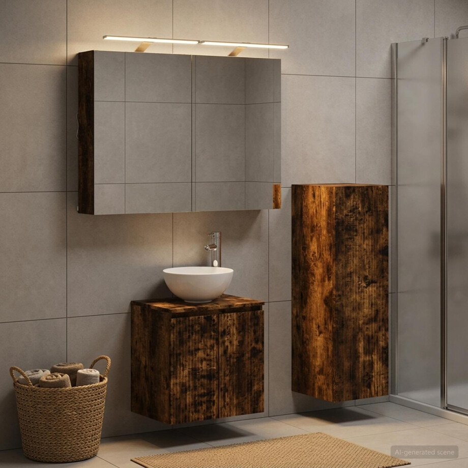 vidaXL Badkamermeubelset 4 st Gerookt eiken Bewerkt hout en glas afbeelding 1