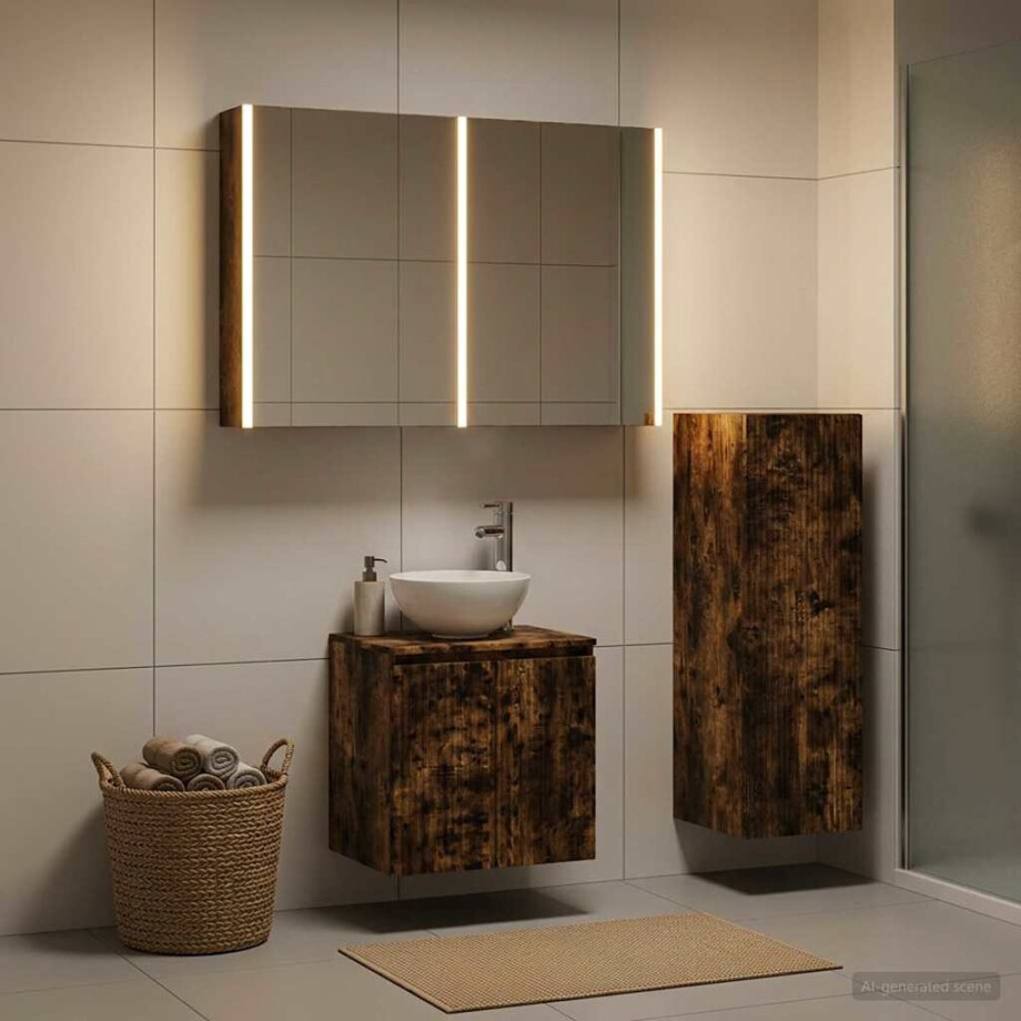 vidaXL Badkamermeubelset 4 st Gerookt eiken Bewerkt hout en glas afbeelding 1
