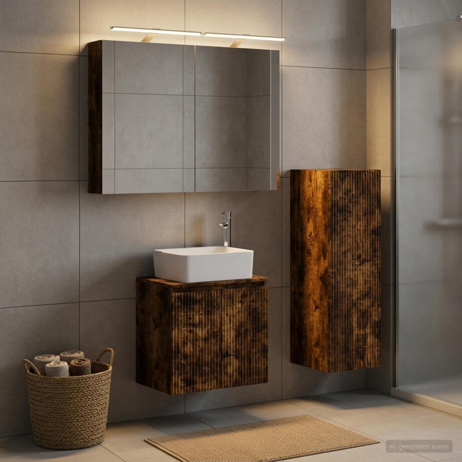 vidaXL Badkamermeubelset 4 st Gerookt eiken Bewerkt hout en glas afbeelding 1