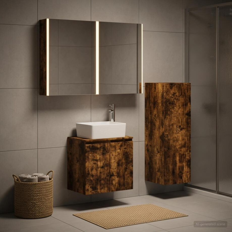 vidaXL Badkamermeubelset 4 st Gerookt eiken Bewerkt hout en glas afbeelding 1