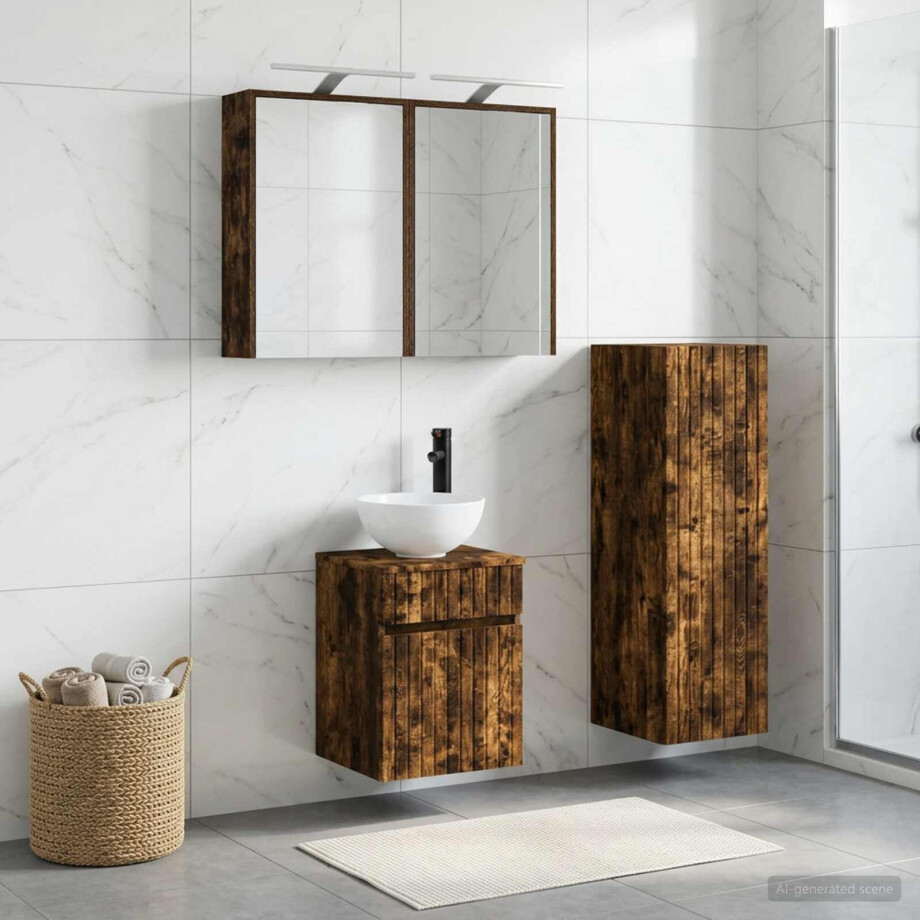 vidaXL Badkamermeubelset 4 st Gerookt eiken Bewerkt hout en glas afbeelding 1