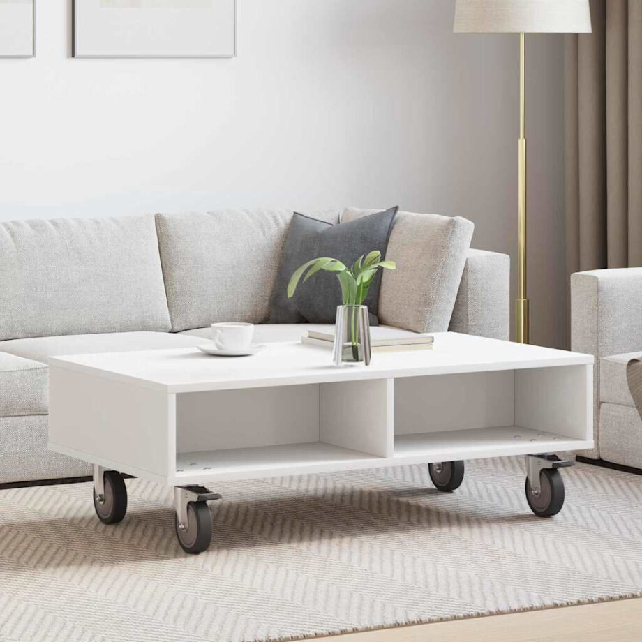 vidaXL Bijzettafel met wielen Wit 90 x 50 x 30 cm Bewerkt hout vidaXL Bijzettafel met wielen Wit 90 x 50 x 30 cm Bewerkt hout afbeelding 1
