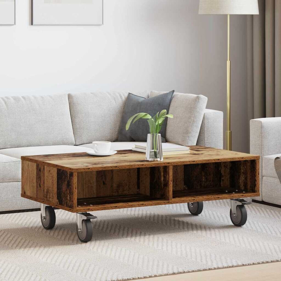 vidaXL Bijzettafel met wielen Oudhout 90 x 50 x 30 cm Bewerkt hout vidaXL Bijzettafel met wielen Oudhout 90 x 50 x 30 cm Bewerkt hout afbeelding 1