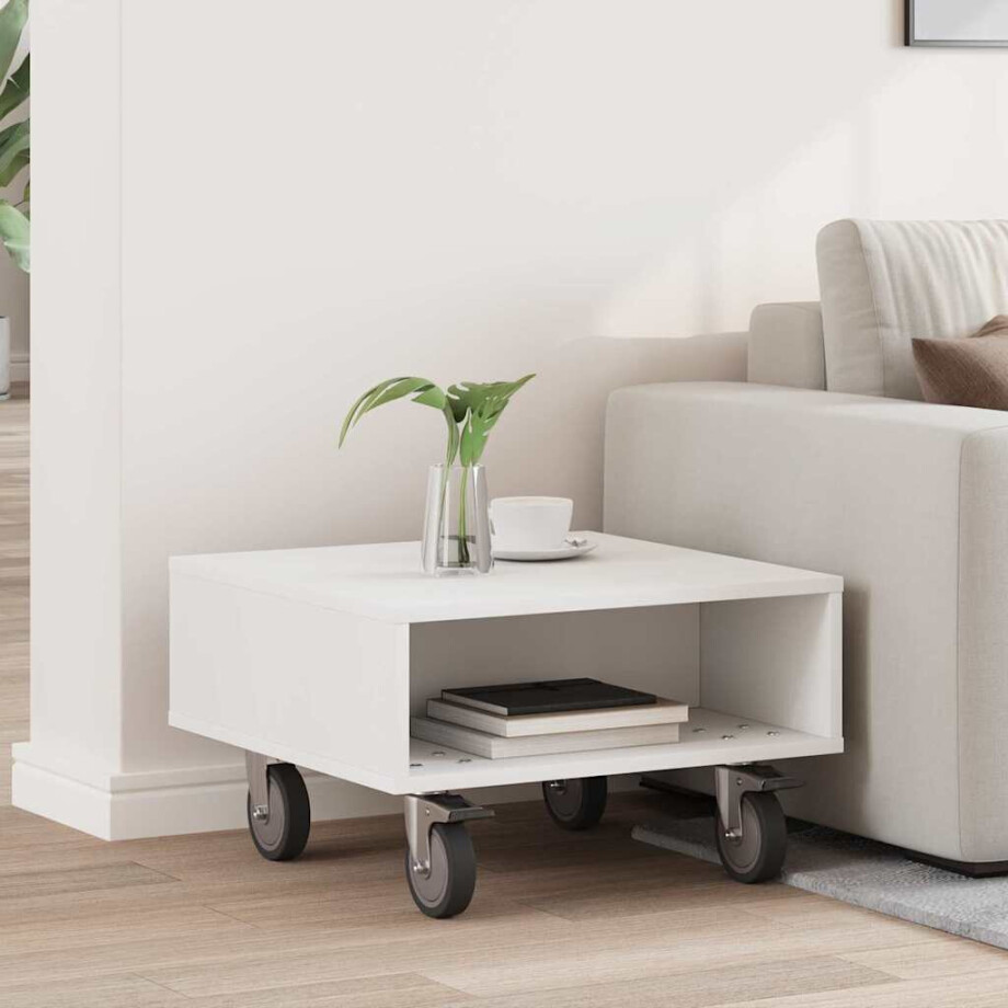 vidaXL Bijzettafel met wielen Wit 50,5 x 50 x 30 cm Bewerkt hout vidaXL Bijzettafel met wielen Wit 50,5 x 50 x 30 cm Bewerkt hout afbeelding 1
