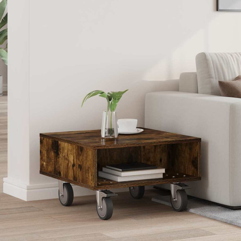 vidaXL Bijzettafel met wielen Gerookt eiken 50,5 x 50 x 30 cm vidaXL Bijzettafel met wielen Gerookt eiken 50,5 x 50 x 30 cm afbeelding 1