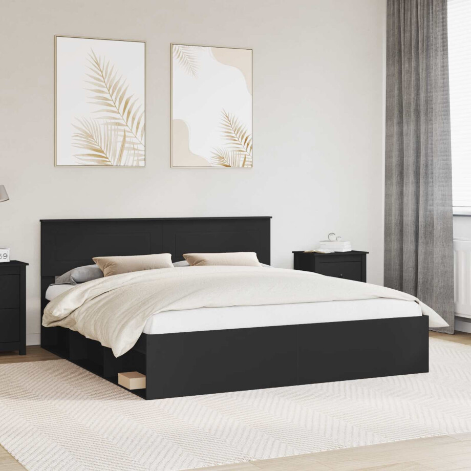 vidaXL Bedframe met hoofdeinde Zwart 200 x 200 cm Bewerkt hout vidaXL Bedframe met hoofdeinde Zwart 200 x 200 cm Bewerkt hout afbeelding 1