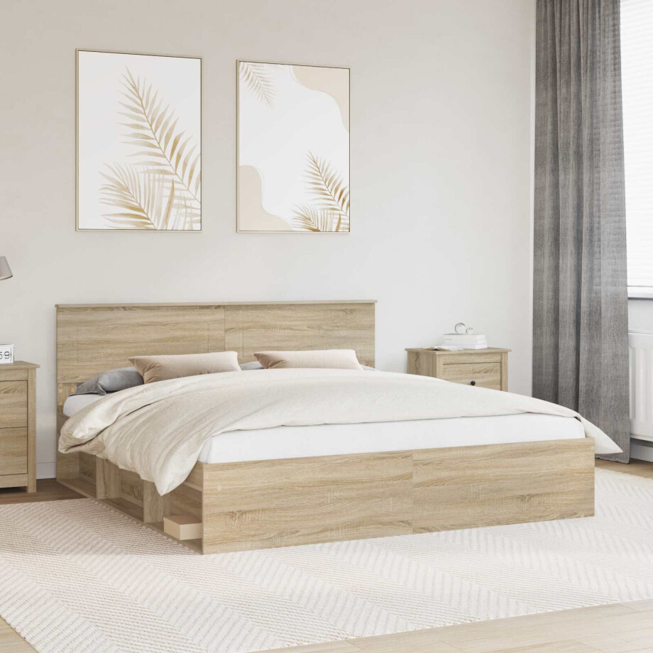 vidaXL Bedframe met hoofdeinde Sonoma 200 x 200 cm Bewerkt hout afbeelding 1